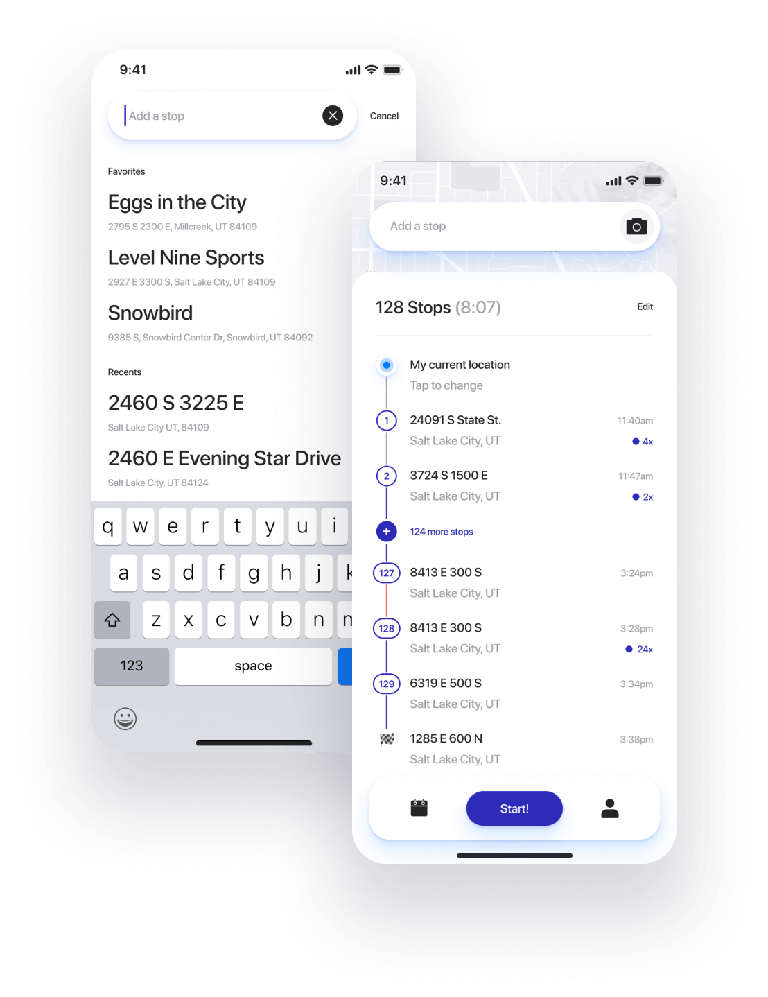 Straightaway route planner app - add stops by searching addresses. Reorder the list of stops for the fastest route. 